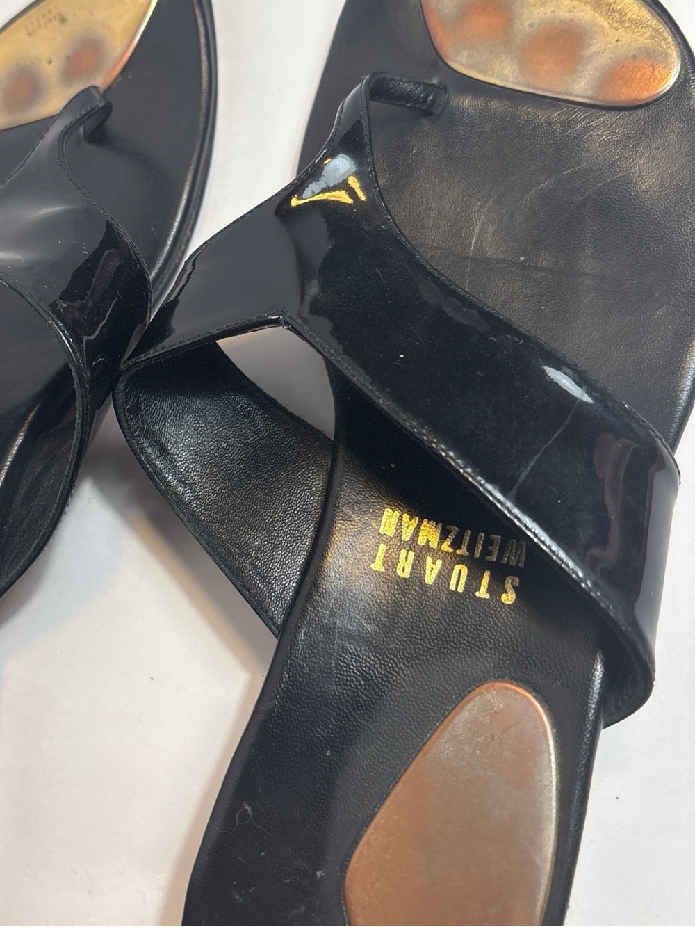 Stuart Weitzman Black Patent Leather T-Strap Sandals Not Professionally Cleaned
